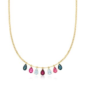 C. 1980 Vintage 8.45 ct. t.w. Multi-Gemstone Drop Necklace in 14kt Yellow Gold. 19"
