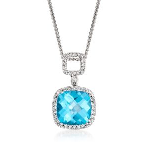 C. 1990 Vintage 5.00 Carat Swiss Blue Topaz Pendant Necklace with .50 ct. t.w. Diamonds in 14kt White Gold. 18"
