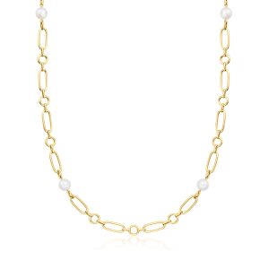C. 2000 Vintage Mikimoto 6.5mm Cultured Pearl Paper Clip Link Necklace in 18kt Yellow Gold. 24"