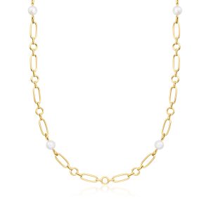 C. 2000 Vintage Mikimoto 6.5mm Cultured Pearl Paper Clip Link Necklace in 18kt Yellow Gold. 24"