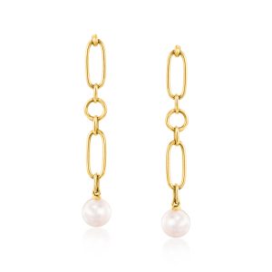 C. 2000 Vintage Mikimoto 7.2mm Cultured Pearl Paper Clip Link Drop Earrings in 18kt Yellow Gold