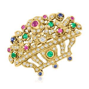C. 1990 Vintage .60 ct. t.w. Multi-Gemstone Flower Basket Pin with .50 ct. t.w. Diamonds in 18kt Yellow Gold