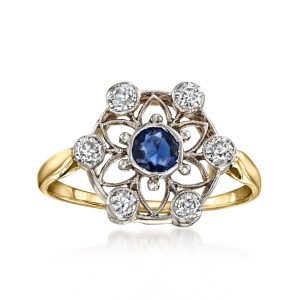 C. 1930 Vintage .25 Carat Sapphire Flower Ring with .25 ct. t.w. Diamonds in Platinum and 14kt Yellow Gold. Size 6