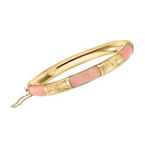 C. 1970 Vintage Pink Coral Bangle Bracelet in 14kt Yellow Gold. 7"