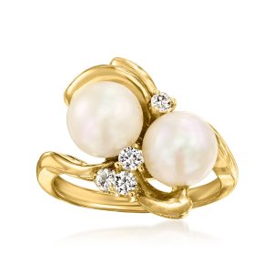 C. 1990 Vintage 7.5mm Cultured Pearl Ring with .20 ct. t.w. Diamonds in 14kt Yellow Gold. Size 6