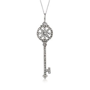 C. 1990 Vintage .93 ct. t.w. Brown and White Diamond Key Pendant Necklace in 14kt White Gold. 16"