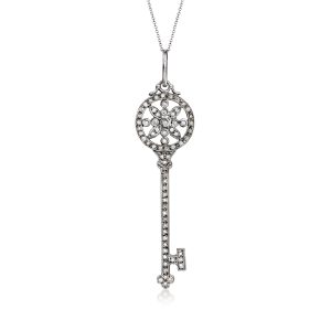 C. 1990 Vintage .93 ct. t.w. Brown and White Diamond Key Pendant Necklace in 14kt White Gold. 16"