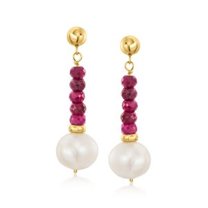 C. 1990 Vintage 10x8mm Cultured Pearl and 3.50 ct. t.w. Ruby Bead Drop Earrings in 14kt Yellow Gold