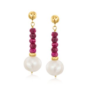 C. 1990 Vintage 10x8mm Cultured Pearl and 3.50 ct. t.w. Ruby Bead Drop Earrings in 14kt Yellow Gold