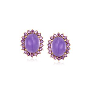 C. 1990 Vintage Lavender Jade and 2.90 ct. t.w. Amethyst Earrings in 14kt Yellow Gold