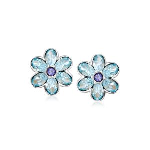 C. 1990 Vintage 6.00 ct. t.w. Sky Blue Topaz and .11 ct. t.w. Tanzanite Flower Earrings in 14kt White Gold