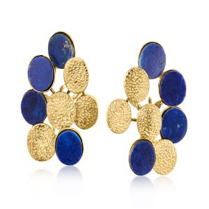 C. 1970 Vintage Lapis Geometric Earrings in 14kt Yellow Gold