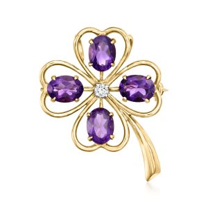 C. 1980 Vintage 5.40 ct. t.w. Amethyst Clover Pin/Pendant with Single .10 Carat Diamond in 14kt Yellow Gold