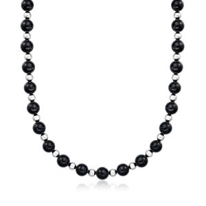C. 1990 Vintage 9.9-10mm Onyx Bead Necklace with Sterling Silver. 29"