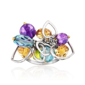 C. 2000 Vintage 15.80 ct. t.w. Multi-Gemstone Heart Charm Ring in 18kt White Gold. Size 7