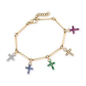 C. 1990 Vintage .98 ct. t.w. Multi-Gemstone and .56 ct. t.w. Diamond Cross Charm Bracelet in 18kt Yellow Gold. 6.5"