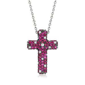 C. 1990 Vintage 1.30 ct. t.w. Ruby and .21 ct. t.w. Diamond Cross Necklace in 18kt White Gold. 16.5"