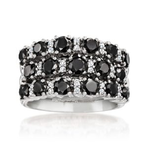 C. 1990 Vintage 2.47 ct. t.w. Black and White Diamond Three-Row Ring in 18kt White Gold. Size 7
