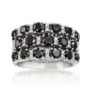 C. 1990 Vintage 2.47 ct. t.w. Black and White Diamond Three-Row Ring in 18kt White Gold. Size 7