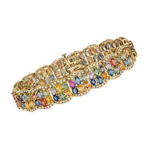 C. 1990 Vintage 23.80 ct. t.w. Multicolored Sapphire and 3.50 ct. t.w. Diamond Bracelet in 14kt Yellow Gold. 7"