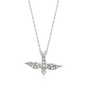 C. 1970 Vintage .35 ct. t.w. Diamond Bird Pendant Necklace with Rubies in 18kt White Gold. 17.75"