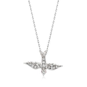 C. 1970 Vintage .35 ct. t.w. Diamond Bird Pendant Necklace with Rubies in 18kt White Gold. 17.75"