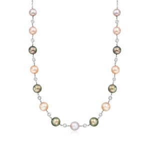 C. 1980 Vintage 8-9.9mm Multicolored Cultured Pearl Station Necklace with 1.15 ct. t.w. Diamonds in 18kt White Gold. 18"