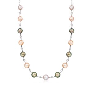 C. 1980 Vintage 8-9.9mm Multicolored Cultured Pearl Station Necklace with 1.15 ct. t.w. Diamonds in 18kt White Gold. 18"