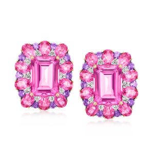 C. 1980 Vintage 29.00 ct. t.w. Pink Topaz, 1.20 ct. t.w. Amethyst and .80 ct. t.w. Diamond Earrings in 18kt White Gold