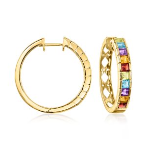 C. 1980 Vintage 3.15 ct. t.w. Multi-Gemstone Hoop Earrings in 14kt Yellow Gold. 1 1/8"