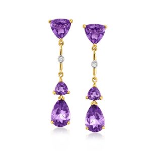 C. 1980 Vintage 6.00 ct. t.w. Amethyst Drop Earrings with Diamonds in 14kt Yellow Gold