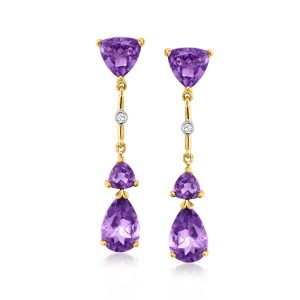 C. 1980 Vintage 6.00 ct. t.w. Amethyst Drop Earrings with Diamonds in 14kt Yellow Gold