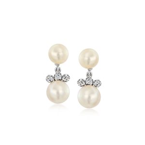 C. 1980 Vintage 7-8.5mm Cultured Pearl and .30 ct. t.w. Diamond Drop Earrings in 18kt White Gold