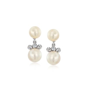 C. 1980 Vintage 7-8.5mm Cultured Pearl and .30 ct. t.w. Diamond Drop Earrings in 18kt White Gold