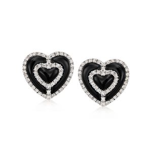 C. 1990 Vintage Onyx and 1.00 ct. t.w. Diamond Heart Earrings in 14kt White Gold