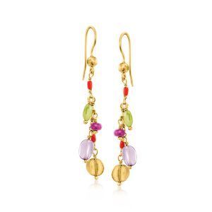 C. 1980 Vintage 3.60 ct. t.w. Multi-Gemstone Drop Earrings in 24kt Yellow Gold