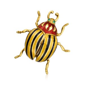 C. 1960 Vintage 14kt Yellow Gold Beetle Pin with Green Chalcedony and Multicolored Enamel