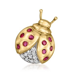 C. 1990 Vintage .35 ct. t.w. Ruby and .25 ct. t.w. Diamond Ladybug Pin in 14kt Yellow Gold