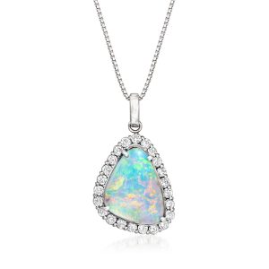 C. 1980 Vintage Opal Pendant Necklace with .53 ct. t.w. Diamonds in Platinum. 16"