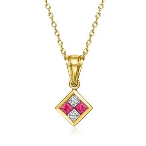 C. 1990 Vintage .30 ct. t.w. Ruby and .20 ct. t.w. Diamond Grid Pendant Necklace in 18kt Yellow Gold. 18"