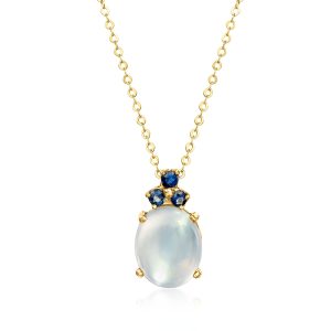 C. 1990 Vintage Moonstone Pendant Necklace with .15 ct. t.w. Sapphires in 14kt Yellow Gold. 16"