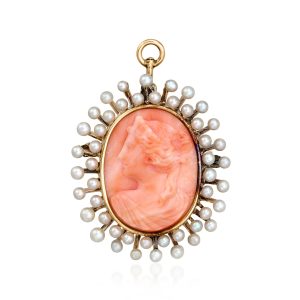 C. 1930 Vintage Coral Cameo Pin/Pendant with 2mm Cultured Pearls in 14kt Yellow Gold