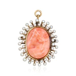 C. 1930 Vintage Coral Cameo Pin/Pendant with 2mm Cultured Pearls in 14kt Yellow Gold