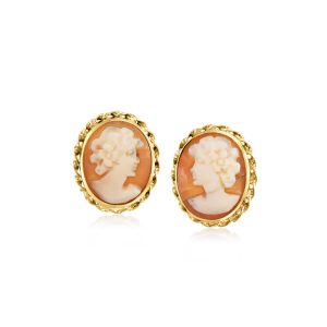 C. 1990 Vintage Brown Shell Cameo Earrings in 14kt Yellow Gold