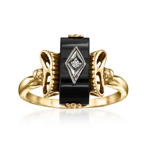 C. 1950 Vintage Onyx Ring with Single Diamond in 10kt Yellow Gold. Size 6.5