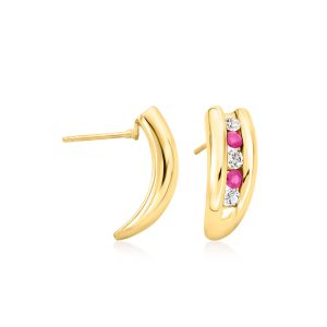 C. 1990 Vintage .90 ct. t.w. White Sapphire and .60 ct. t.w. Ruby Curved Earrings in 14kt Yellow Gold