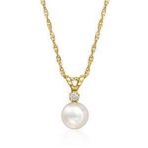 C. 1990 Vintage 6mm Cultured Pearl Pendant Necklace with Single Diamond in 14kt Yellow Gold. 16"