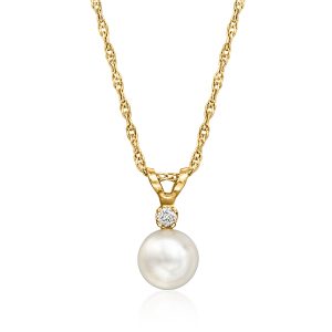 C. 1990 Vintage 6mm Cultured Pearl Pendant Necklace with Single Diamond in 14kt Yellow Gold. 16"