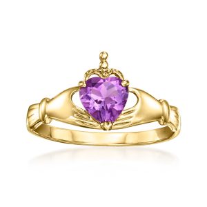 C. 1980 Vintage 1.75 Carat Amethyst Claddagh Ring in 10kt Yellow Gold. Size 7