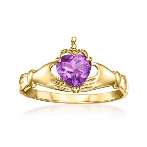 C. 1980 Vintage 1.75 Carat Amethyst Claddagh Ring in 10kt Yellow Gold. Size 7